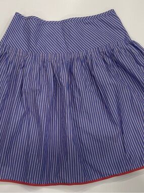 J. Crew Blue and White Pinstripe Circle Skirt with Orange Trim - Size 6
